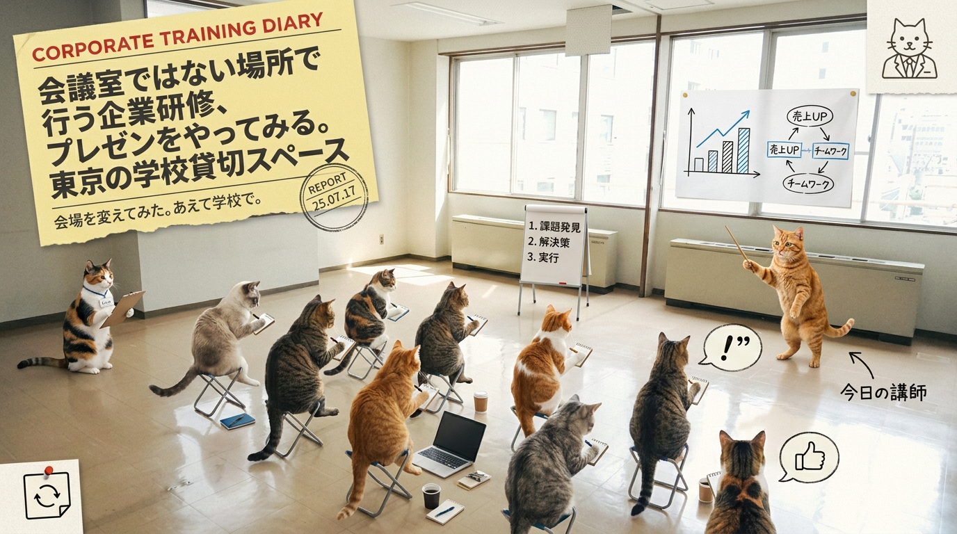 会議室ではない場所で行う企業研修、プレゼンをやってみる。東京の学校貸切スペース
