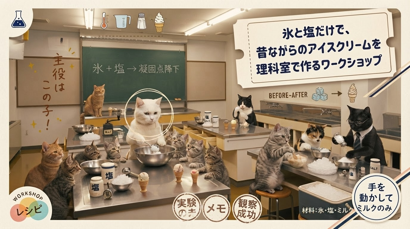 氷と塩だけで、昔ながらのアイスクリームを理科室で作るワークショップ