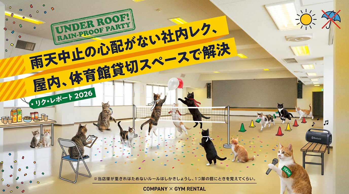 雨天中止の心配がない社内レク、屋内、体育館貸切スペースで解決