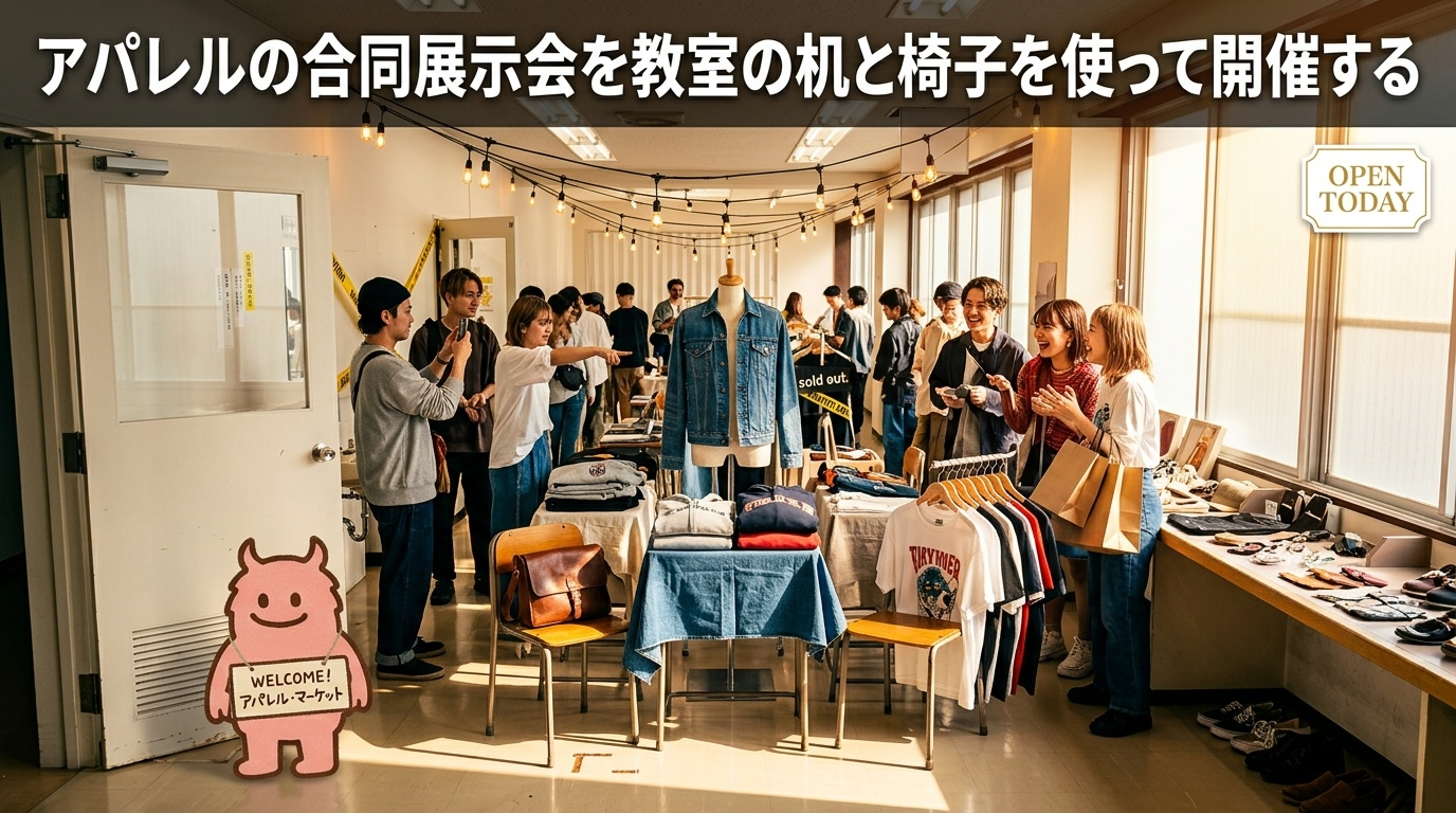 アパレルの合同展示会を教室の机と椅子を使って開催する