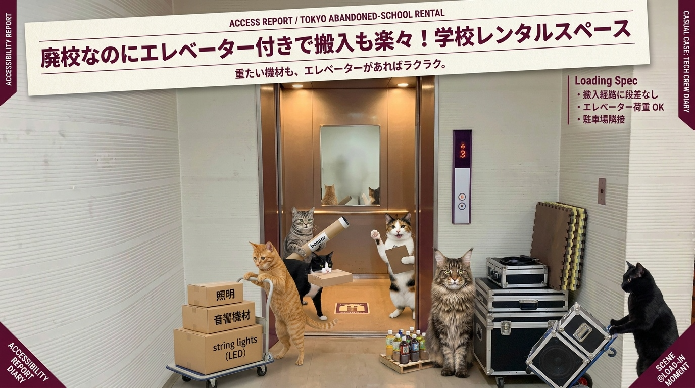 廃校なのにエレベーター付きで搬入も楽々！学校レンタルスペース