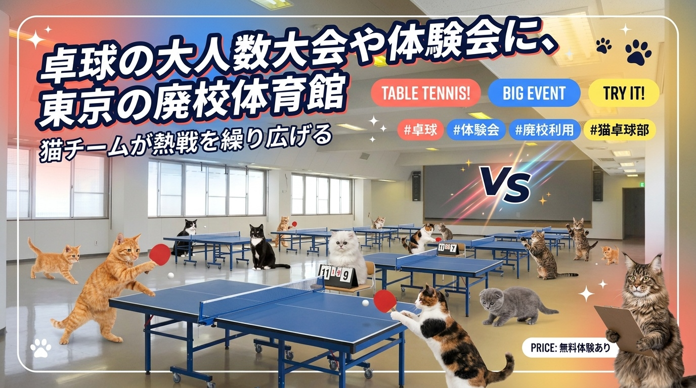 卓球の大人数大会や体験会に、東京の廃校体育館