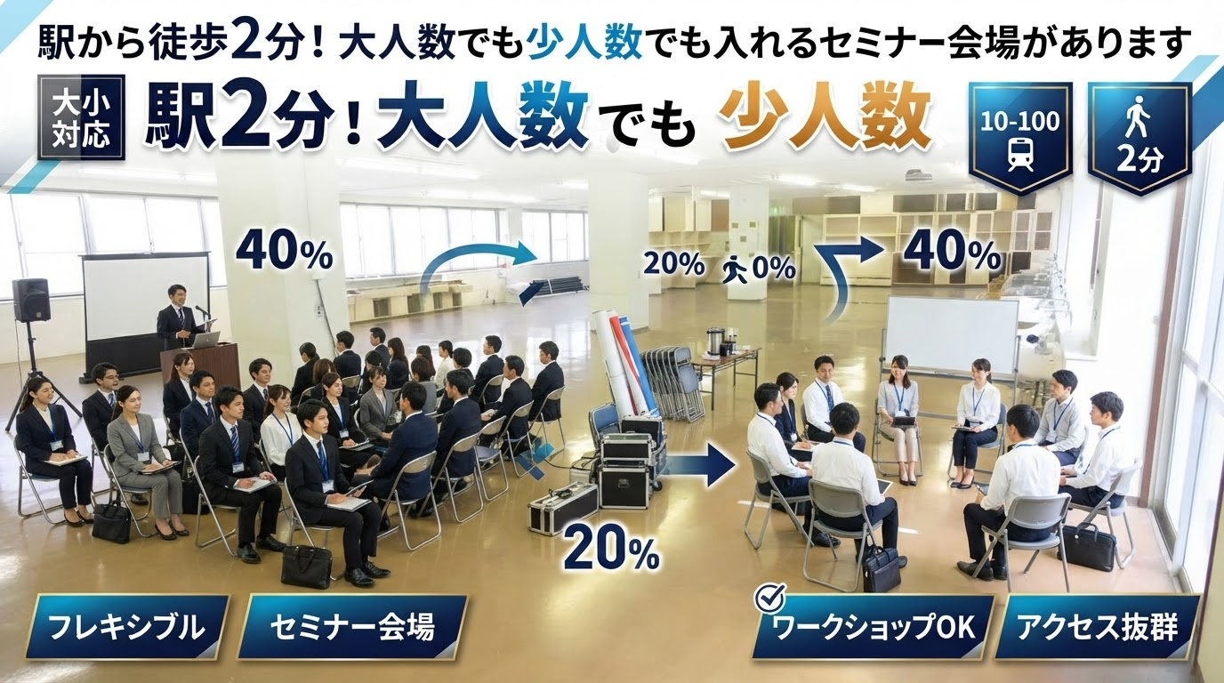 駅から徒歩2分！大人数でも少人数でも入れるセミナー会場があります