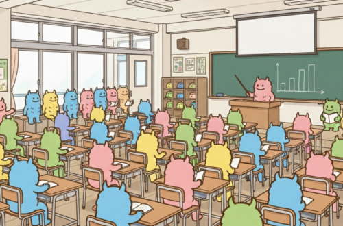 飯田橋の広い会場イラストで、机と椅子が整然と並び、色違いの「でっかいくん」たちが試験やセミナーに参加している様子。