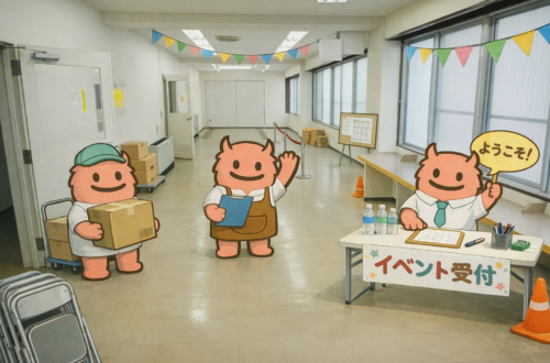 飯田橋・市ヶ谷エリアの屋内会場の廊下に、イベント受付や装飾と「でっかいくん」イラストを合成した屋内イベントのイメージ