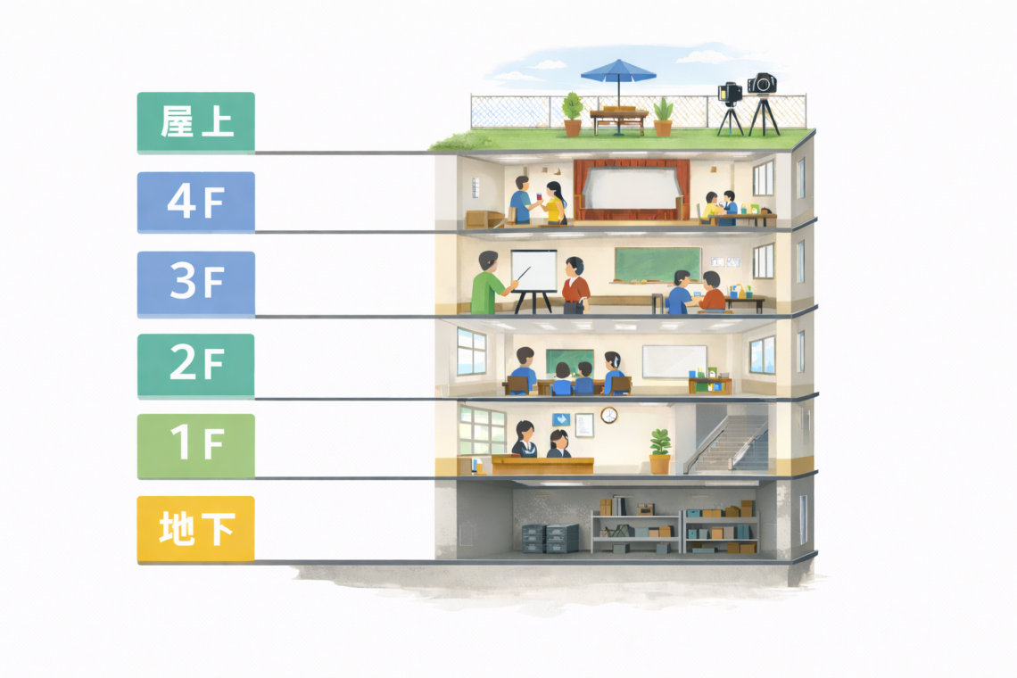 学校跡地の飯田橋でっかいレンタルスペースの利用イメージ 地下〜屋上まで“館内まるごと”活用アイデア