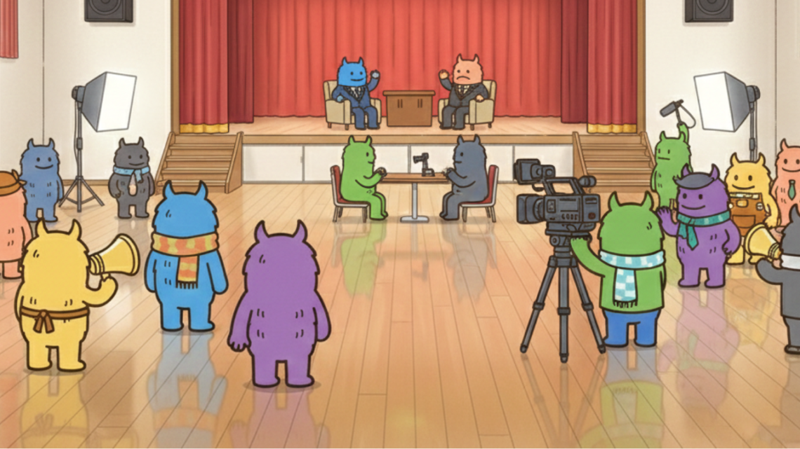 学校の講堂や教室のようなステージがある部屋で、本格的なカメラや照明機材を使い、対談シーンの撮影を行っている色違いの「でっかいくん」たちのイラスト。