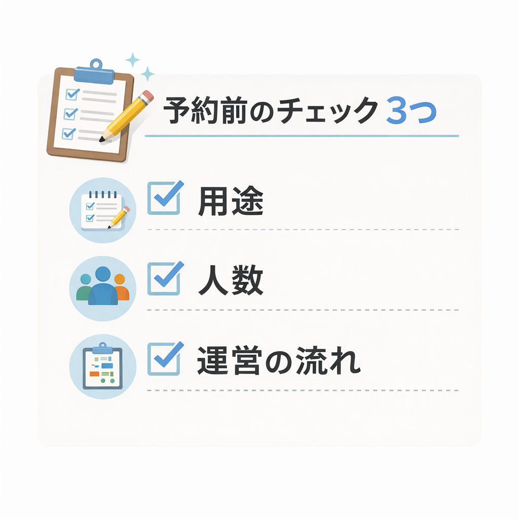予約前チェック3点（用途・人数・運営の流れ）をまとめたチェックリスト図