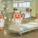 看護学校の跡地の大部屋に、看護師風の「でっかいくん」キャラクターとベッドを合成した撮影イメージ