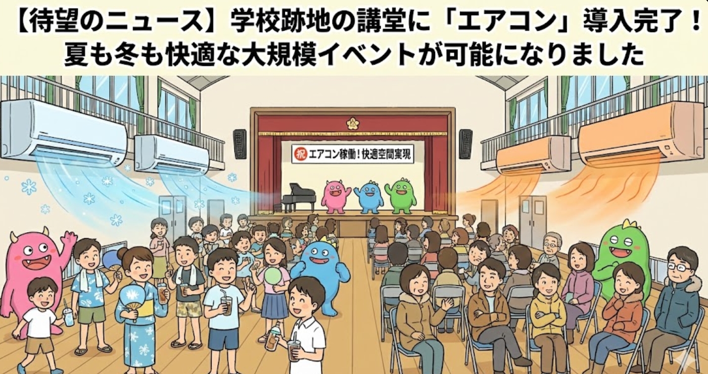 【待望のニュース】学校跡地の講堂に「エアコン」導入完了!夏も冬も快適な大規模イベントが可能になりました