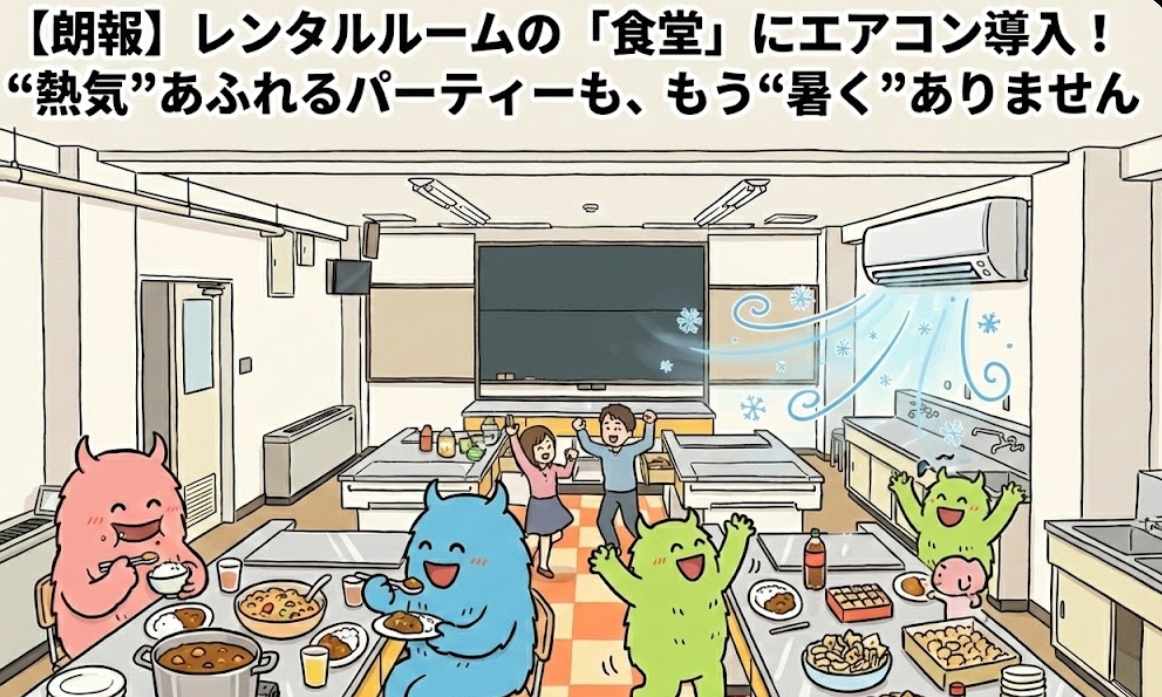 【朗報】レンタルルームの「食堂」にエアコン導入!“熱気”あふれるパーティーも、もう“暑く”ありません