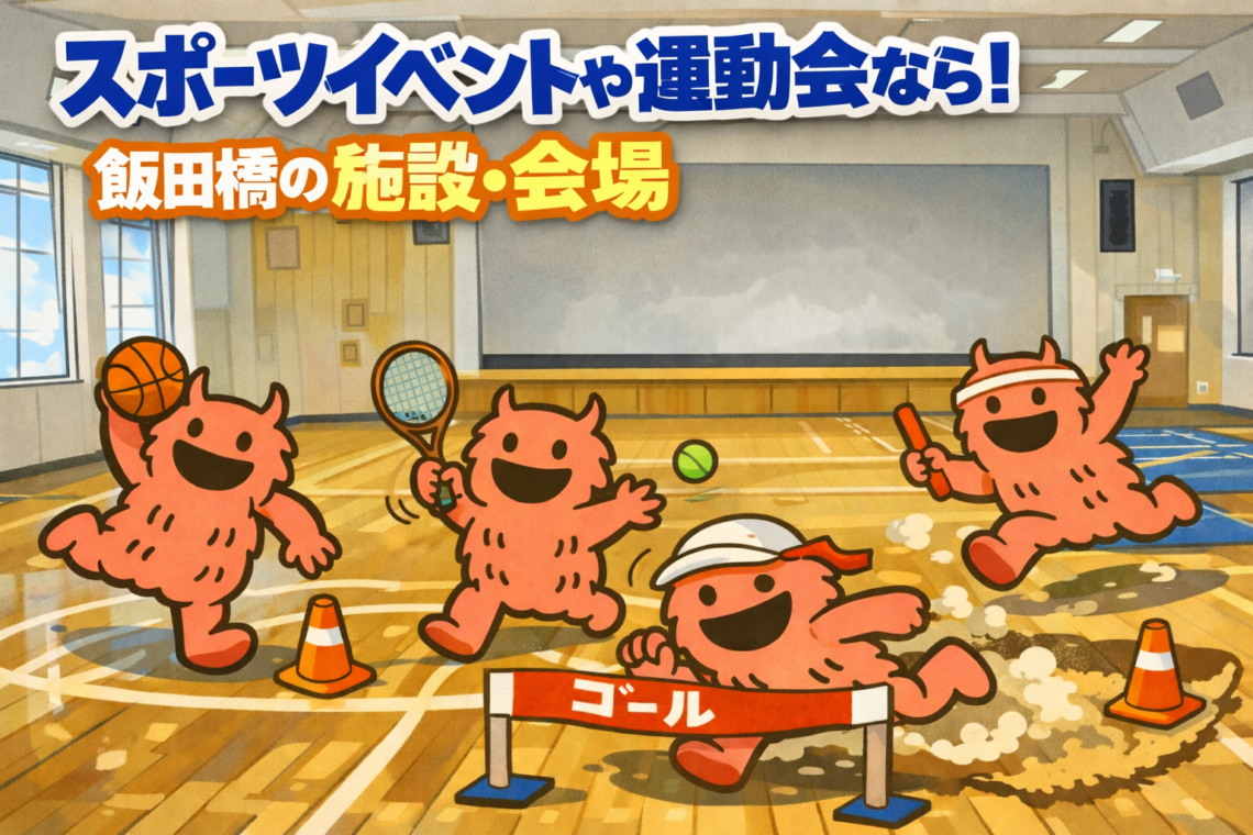 室内スポーツ会場で、でっかいくんが走ったりボールで遊んだりしている