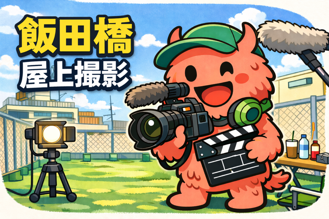 飯田橋の屋上で、公式キャラクター「でっかいくん」がカメラとカチンコを持って撮影しているイラスト。