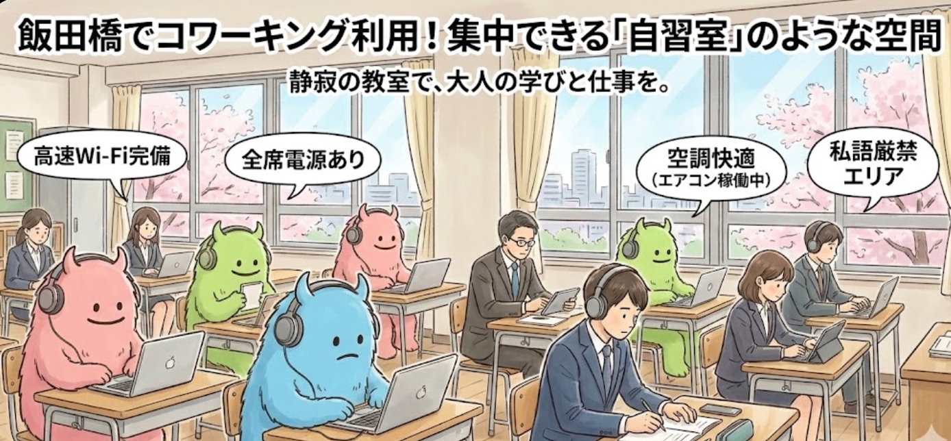 飯田橋でコワーキング利用！集中できる「自習室」のような空間