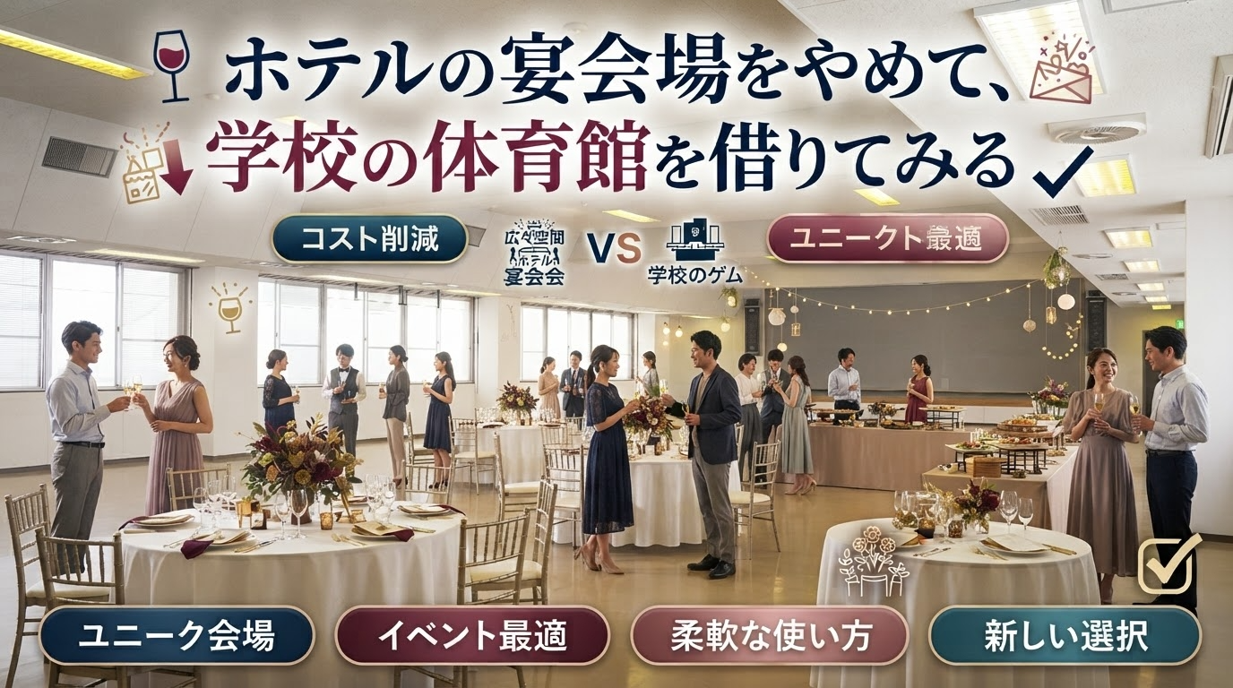 ホテルの宴会場をやめて、学校の体育館を借りてみる