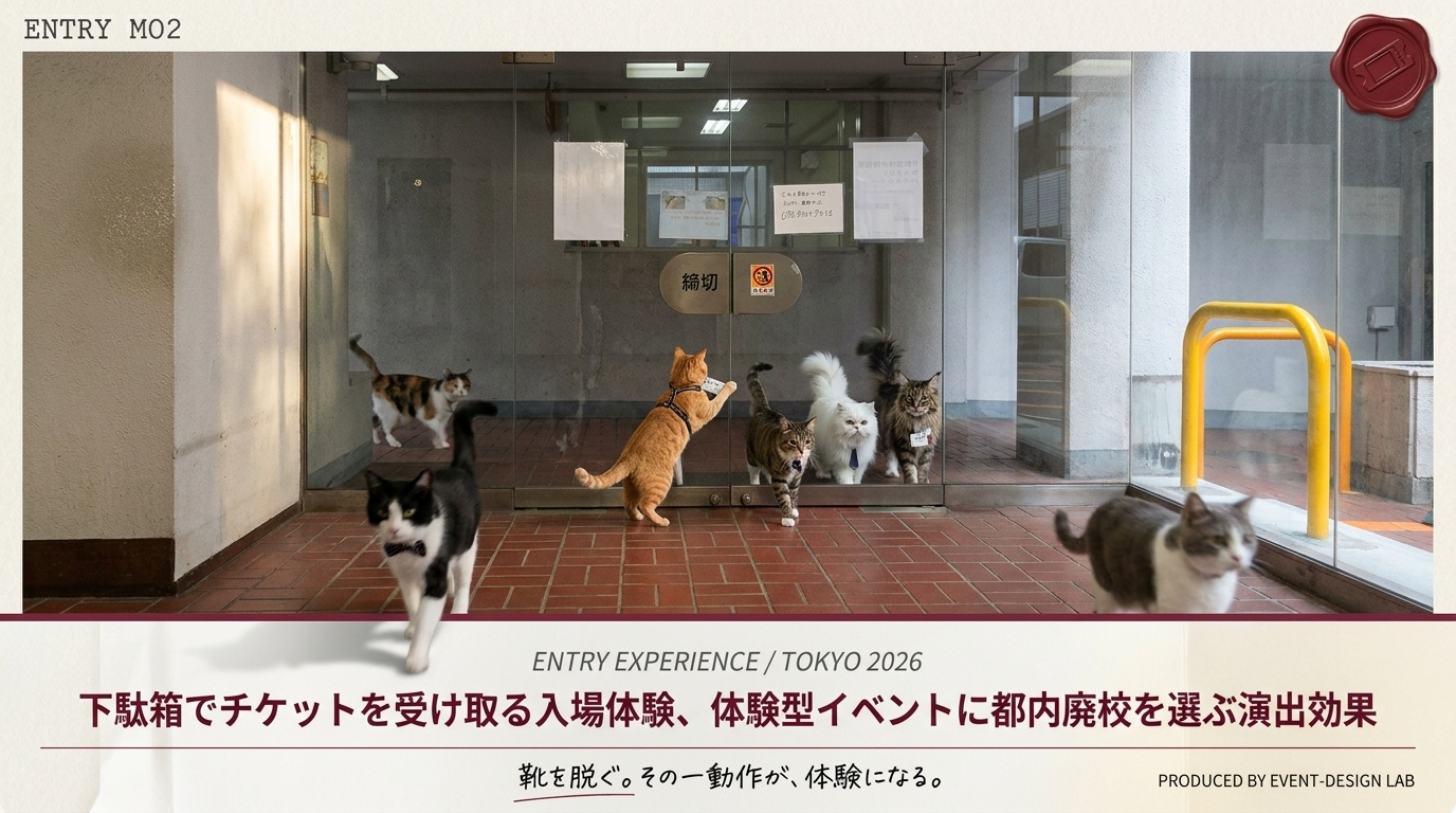 下駄箱でチケットを受け取る入場体験、体験型イベントに都内廃校を選ぶ演出効果