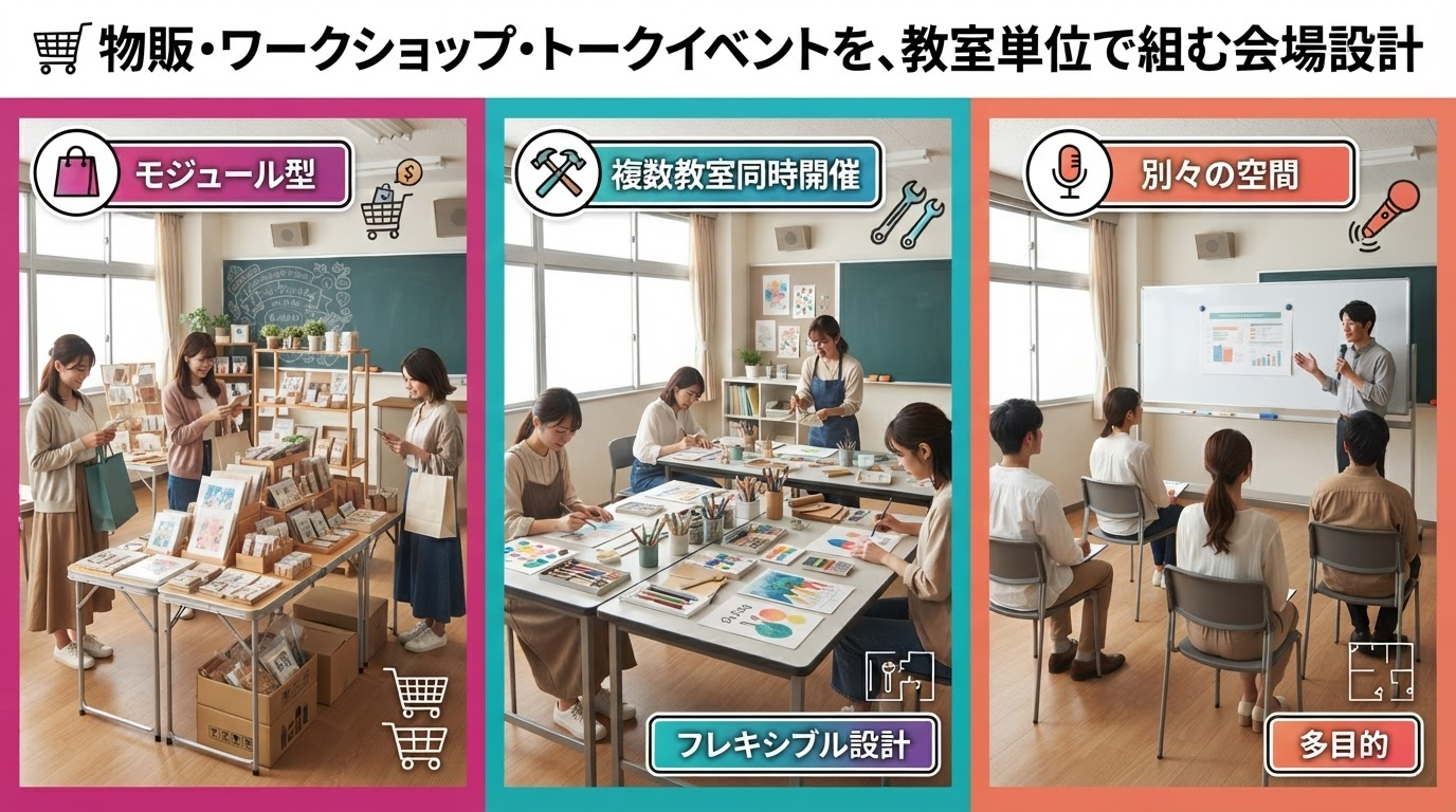 🛒 物販・ワークショップ・トークイベントを、教室単位で組む会場設計